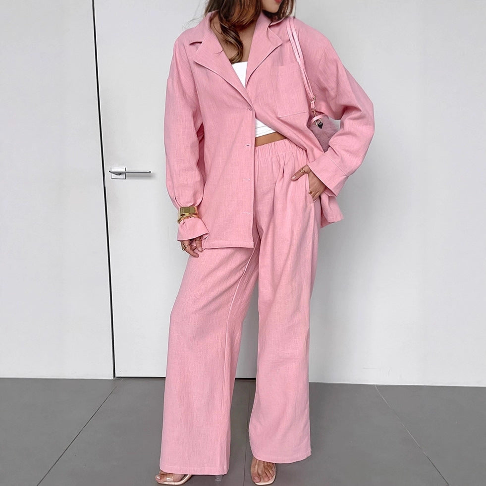 Casual Pink Bamboo Cotton Set Loose Shirt and Long Pants Two-Piece Women's Suit