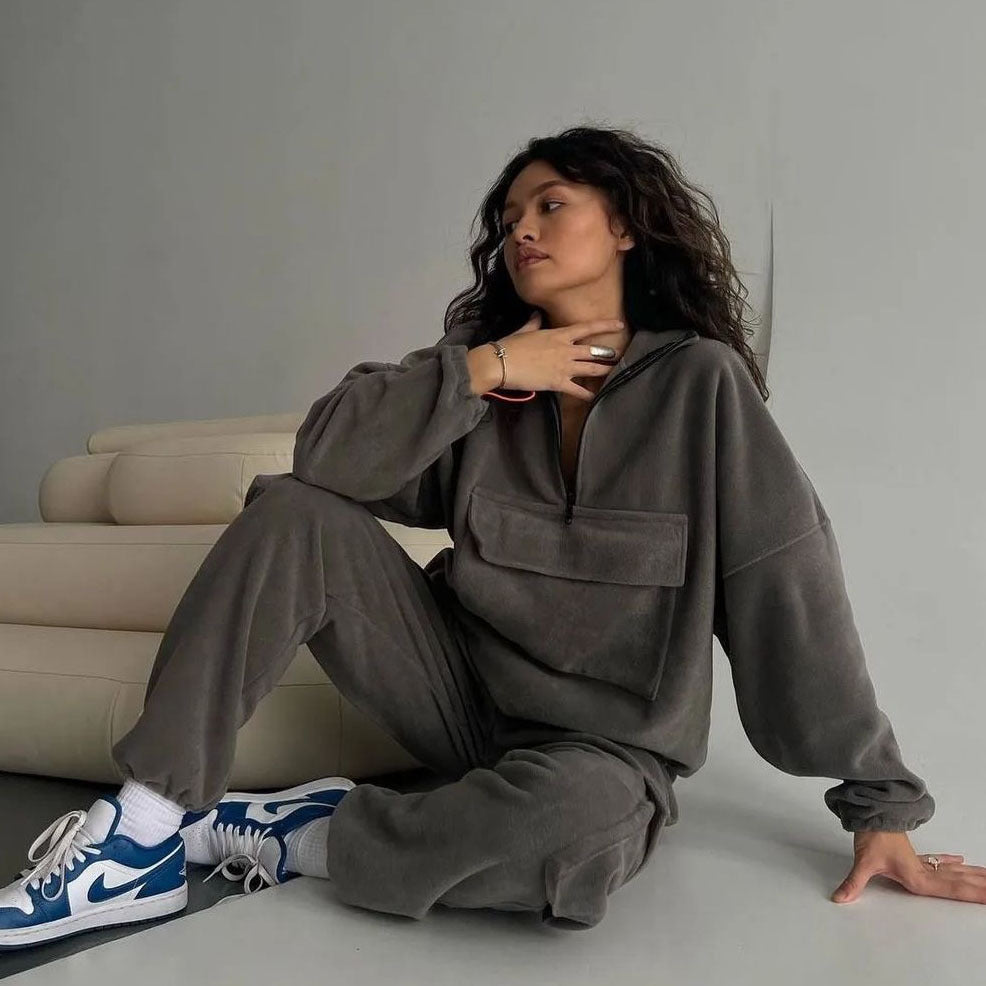 Zip Drawstring Hoodie with Large Pockets and Cuffed Pants Two-Piece Set for Women Trendy