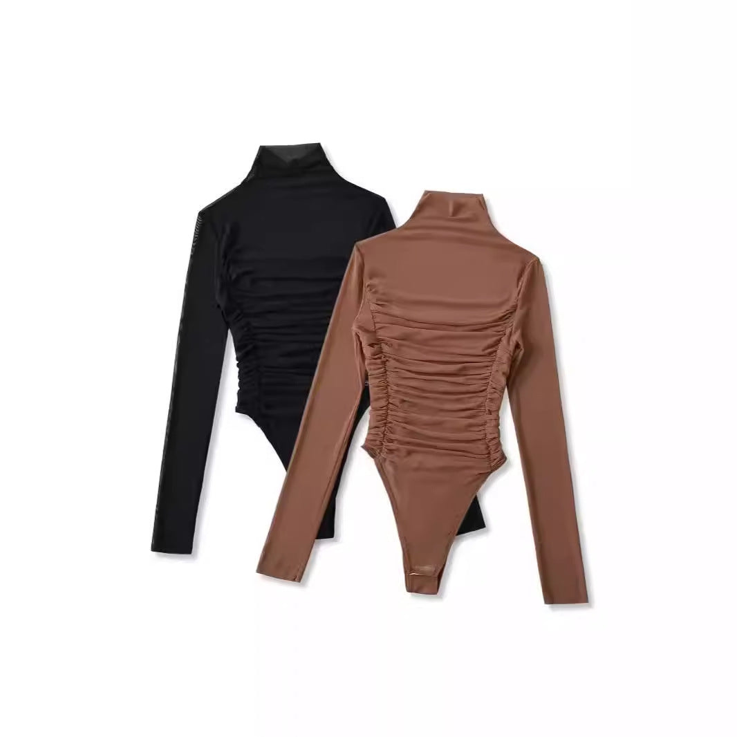 Slimming pleated high neck mesh jumpsuit