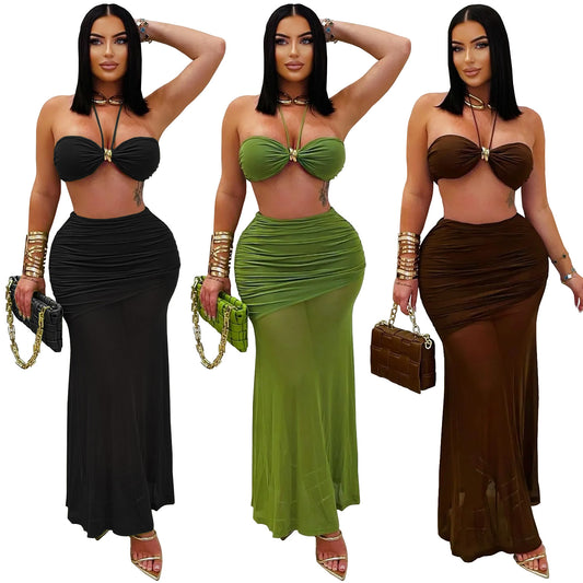 Style Women's Sexy Strapless Pleated Mesh Long Skirt