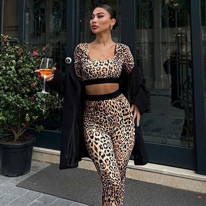 Women's Printed Long Sleeve Flare Trousers Two-Piece Set Fashion Suit