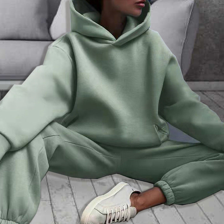 Women's Spring Hooded Set Solid Color Casual  Sports Sweatshirt Set