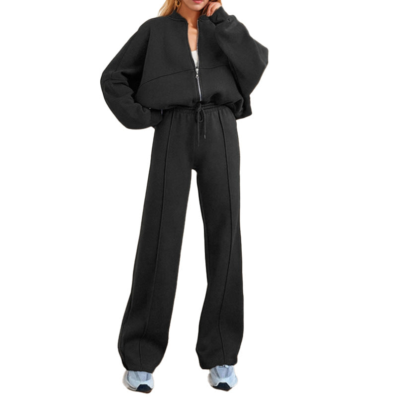 Pure Color Zipper Cardigan Women's  Casual Spring Women's Set