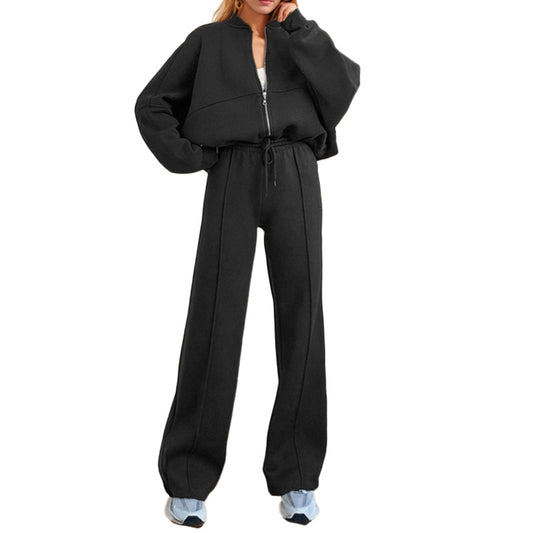 Pure Color Zipper Cardigan Women's  Casual Spring Women's Set