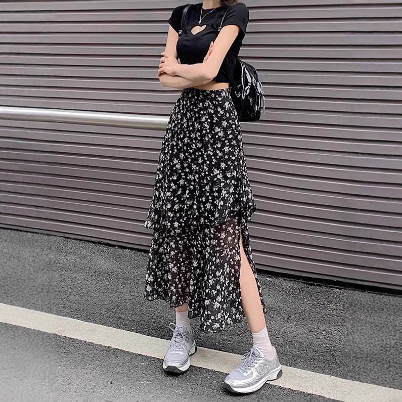 Chiffon Floral Leaf Hem Slit High Waist A-line Skirt Women Spring Summer New Loose Slim Fit Midi Dress