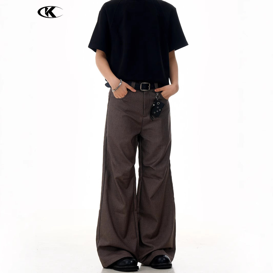 Flared Brown Trousers with Pleated Retro Design Loose Fit Casual Slim Long Pants