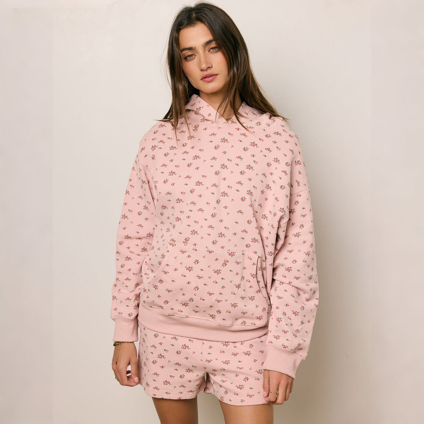 Loose Floral Hooded Sweatshirt High-Waist Sports Shorts Home Leisure Two-Piece Set