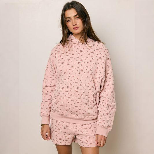 Loose Floral Hooded Sweatshirt High-Waist Sports Shorts Home Leisure Two-Piece Set