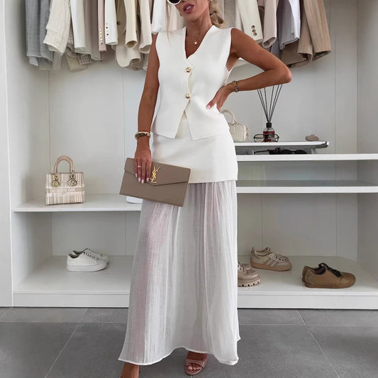Knitted Patchwork Vest Set with Loose A-line Skirt for WomenSpring Summer Fashion Casual Holiday Style