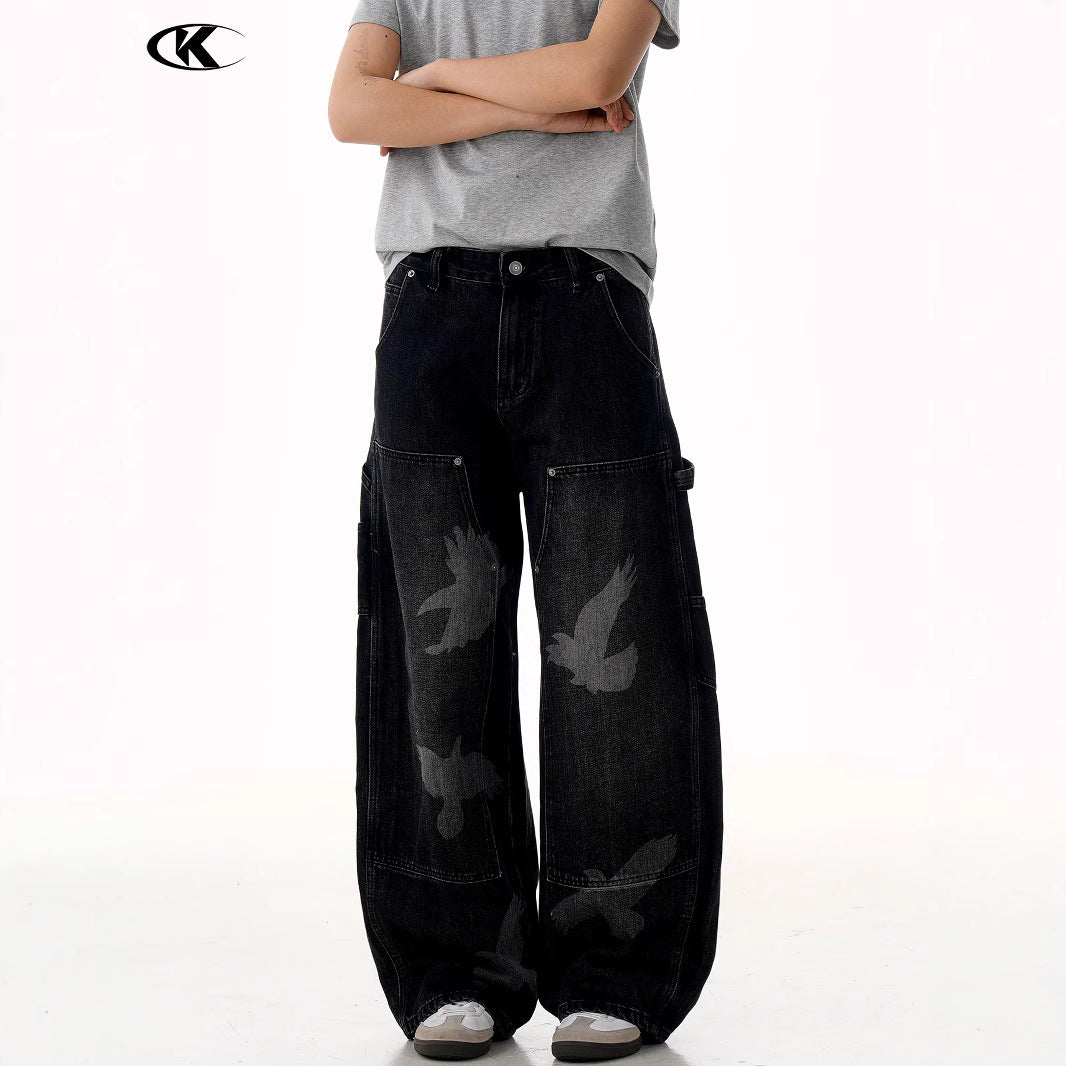 Jeans with Pigeon Pattern for Men and Women, Loose Fit Wide Leg Trousers