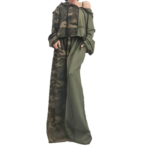 Loose long sleeved sweatshirt zipper jacket camouflage splicing casual pants set
