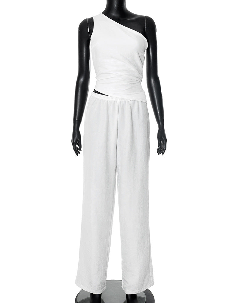Solid color sleeveless sloping shoulder back hollow strap vest and pants set