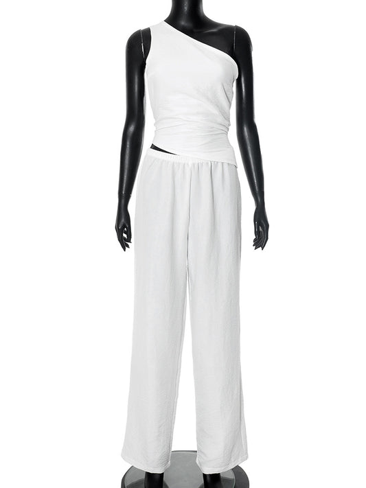 Solid color sleeveless sloping shoulder back hollow strap vest and pants set