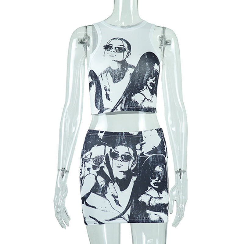 Round Neck Cartoon Print Sleeveless Short Top and Skirt Set for Women