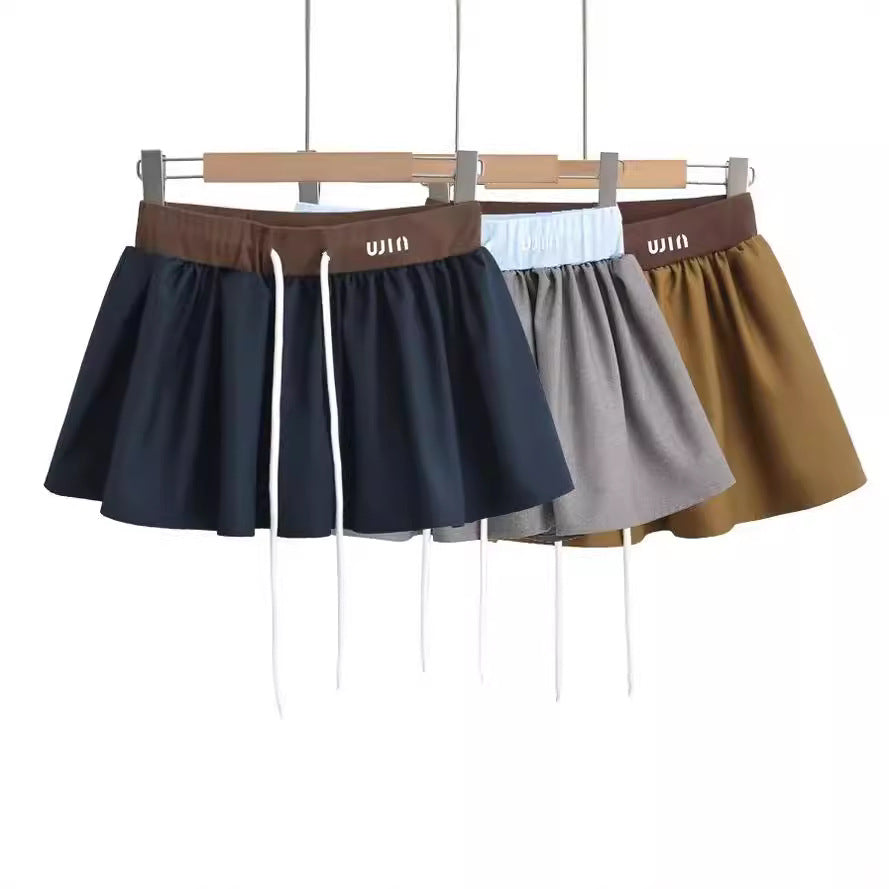 POLO collar contrasting letter print short sleeved T-shirt elastic waist drawstring skirt two-piece set