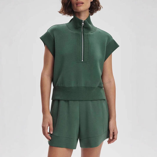 Casual Loose Two-Piece Set for Women - Short Sleeve Hoodie with Zipper Pockets and INS Style