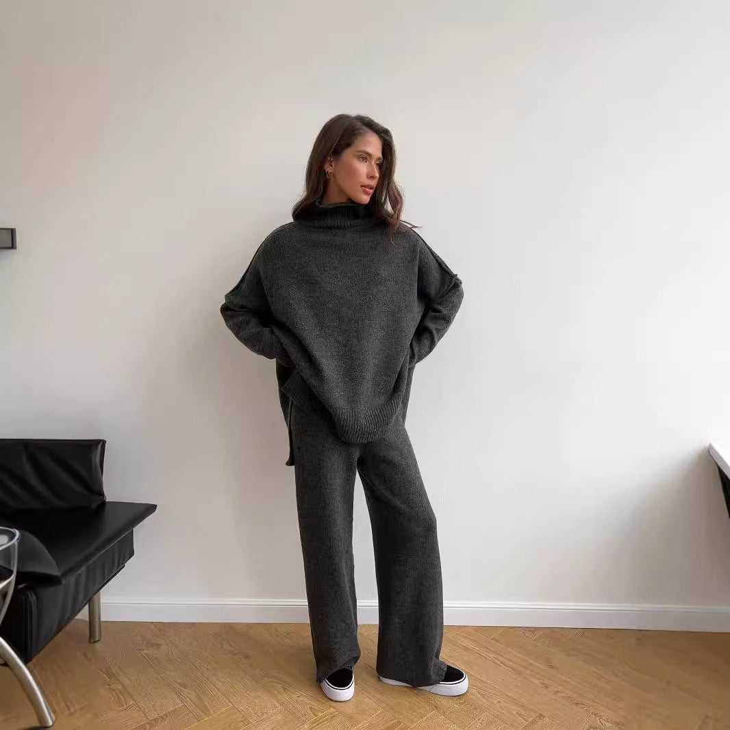 High Neck Slit Wool Sweater Set Women's Loose Casual Lazy Knitted Long Pants Two-Piece Set
