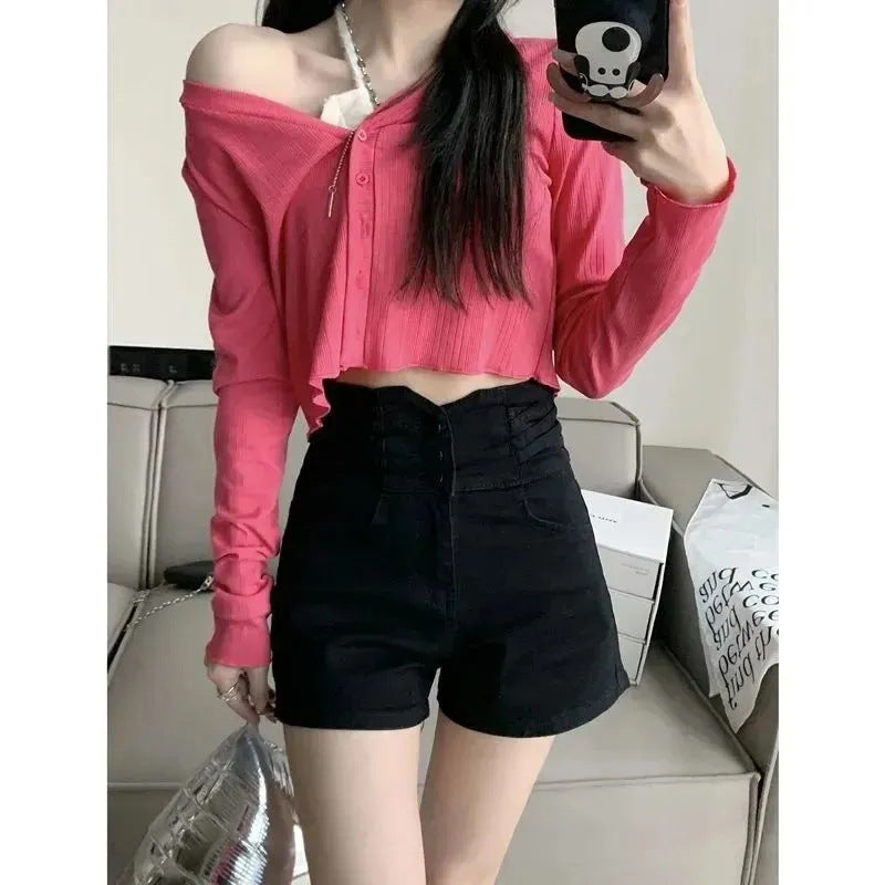 Casual A-line Denim Shorts for Women High Waist Slimming Straight Leg Jeans