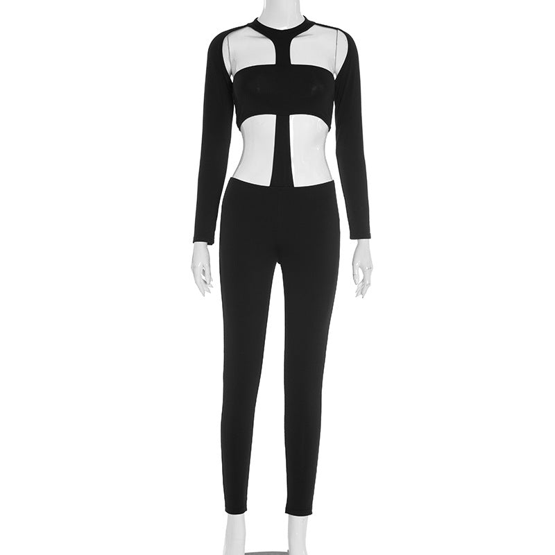 Hollow out elastic slim fit long sleeved sports pants for women