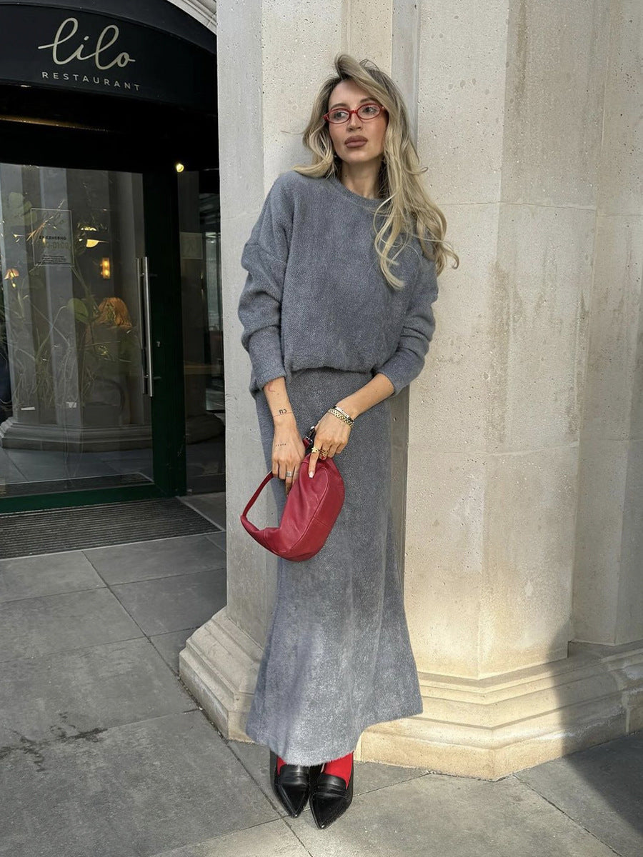 Elegant Soft Thickened Round Neck Sweater  Fish Tail Skirt Two-Piece Set for Women OL Style Top Skirt Suit