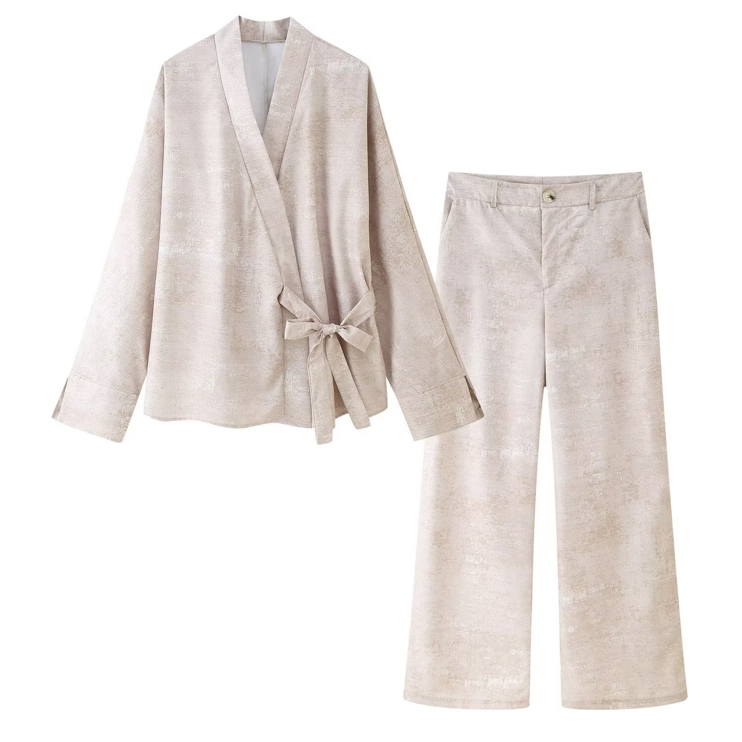 Women's Clothing Kimono-style Belted Top + Wide-leg Long Pants Two-piece Set