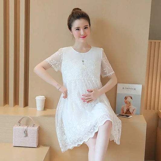 Korean Lace Crochet Flower Maternity Dress for Summer