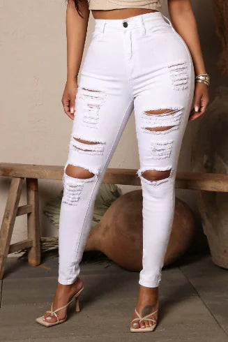 Black Raw Hem Skinny Jeans with Ripped Holes and Pockets