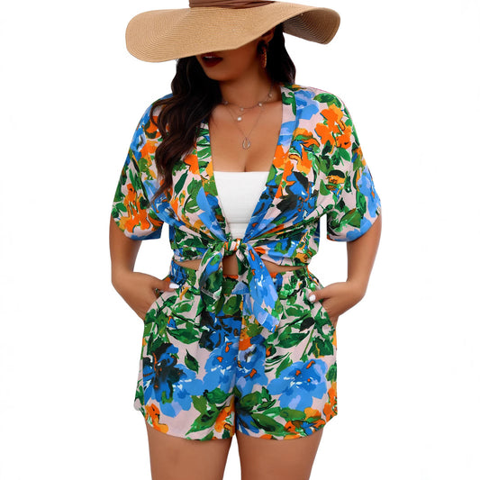 Women's Print Two-Piece Set Shirt and Shorts Suit