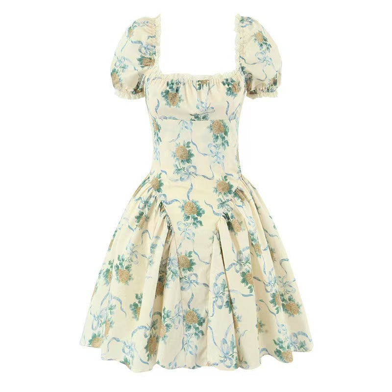 Palace style square neck bubble sleeves lace patchwork printed dress for women