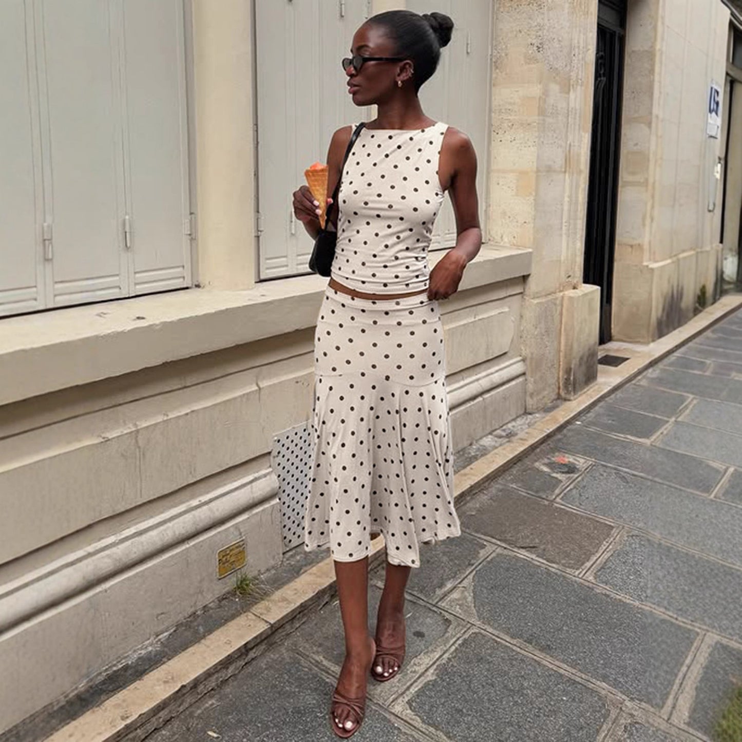 Elegant Polka Dot Sleeveless Short Top Set with Waist-Cinching Bodycon Figure-Flattering Mermaid Long Skirt