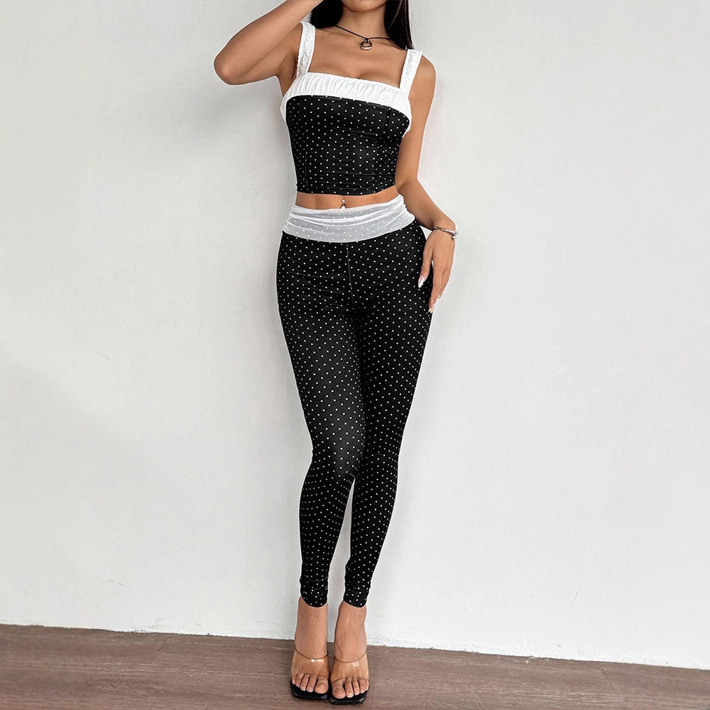 Two-Piece Set Sexy Strap Color Block Camisole Slimming Long Pants