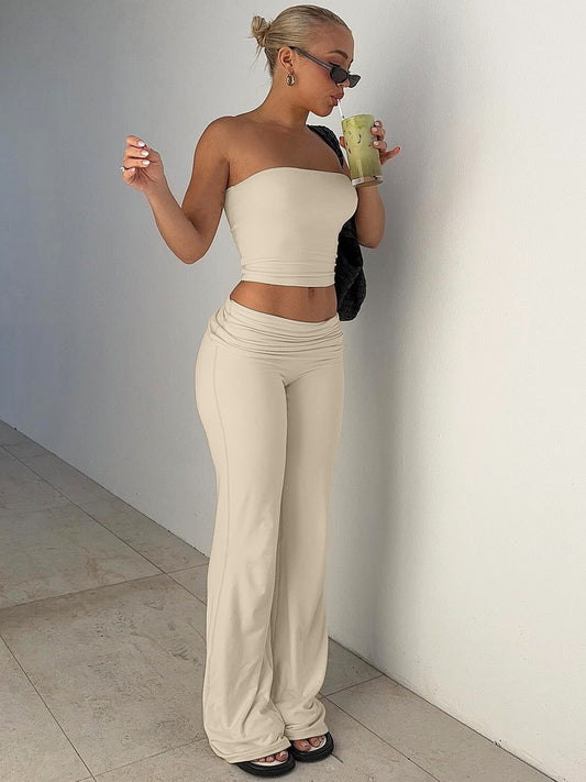 Solid Color Trumpet Neck Tube Top and Long Pants Slimming Set for Women Fashion New Arrival Summer Wear
