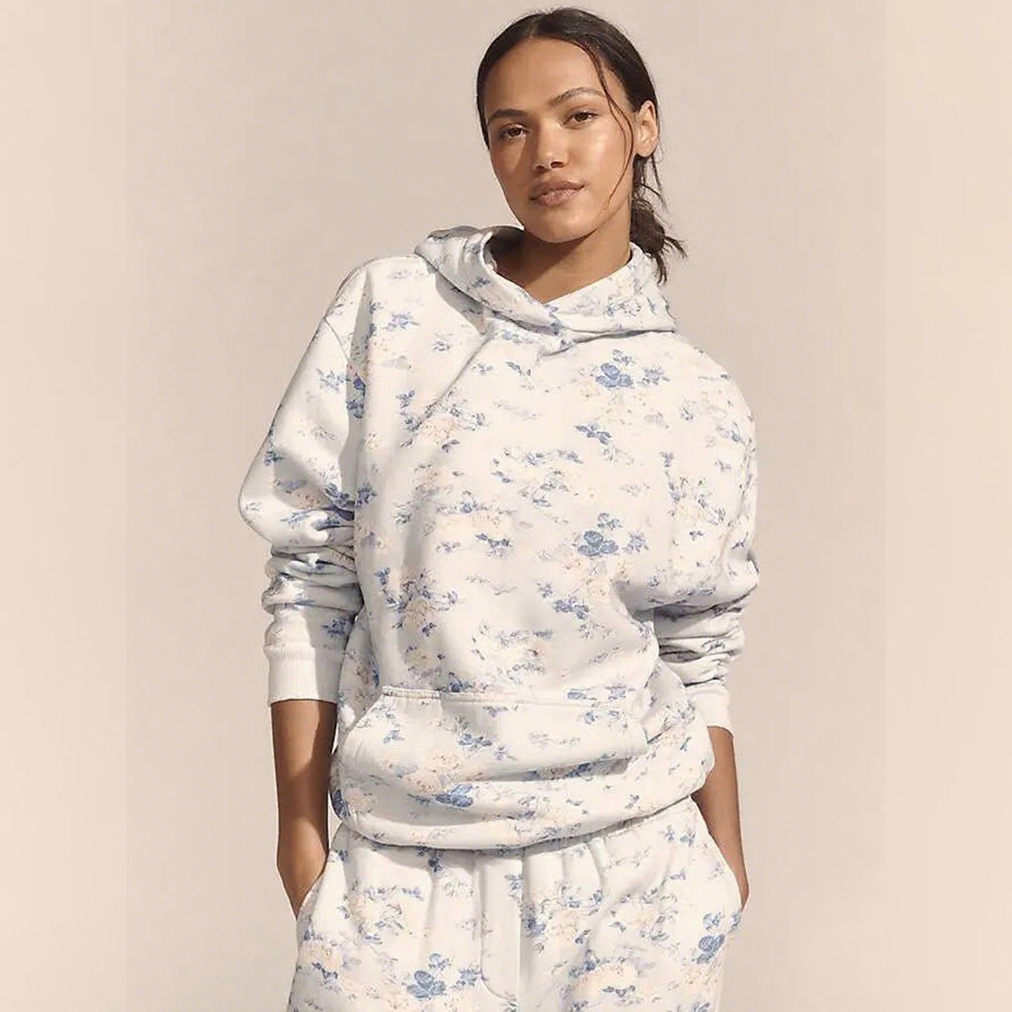 Loose Floral Hooded Sweatshirt High-Waist Sports Shorts Home Leisure Two-Piece Set