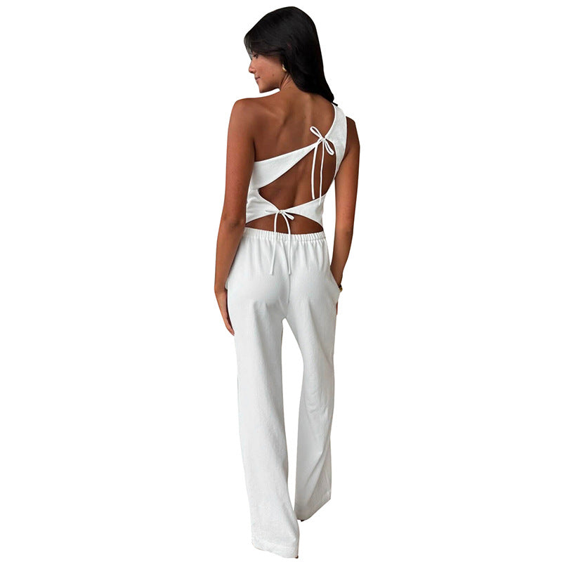 Solid color sleeveless sloping shoulder back hollow strap vest and pants set