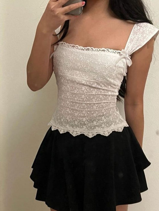 Spicy Pleated Skirt Lace Hem A-Line Strapless Top Embroidered High Waist Half Skirt Sweet Spicy Style