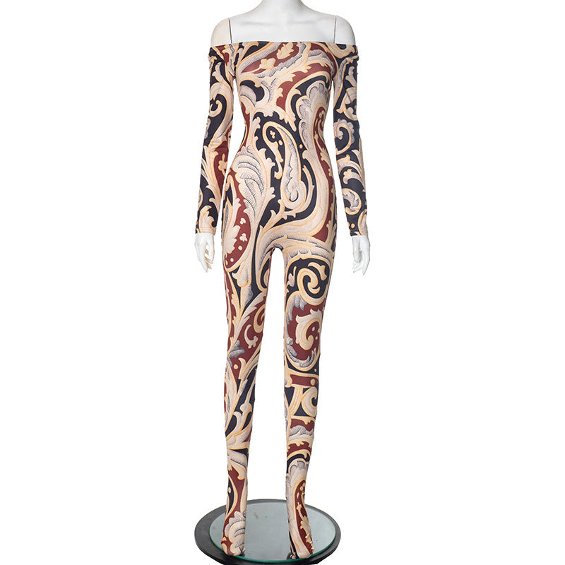 Printed one shoulder strapless long sleeved slim fit pants jumpsuit