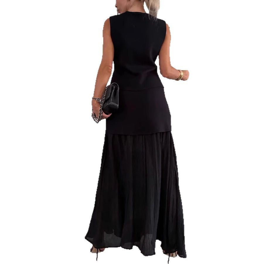 Knitted Patchwork Vest Set with Loose A-line Skirt for WomenSpring Summer Fashion Casual Holiday Style