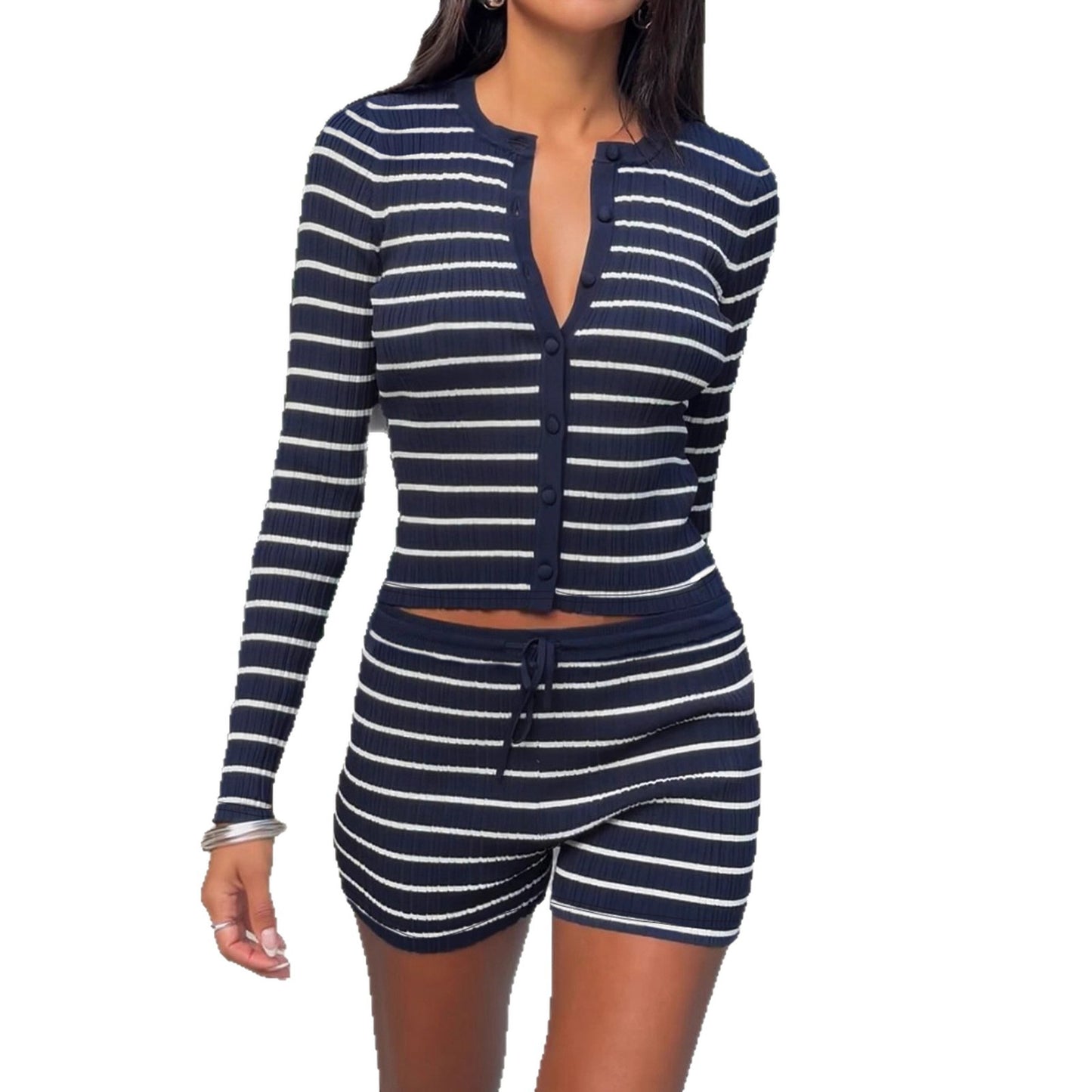 Simple Casual Striped Knit Two-Piece Women's Set Single-Breasted Cardigan Top and Low-Waist Belted Straight Leg Pencil Skirt Pants