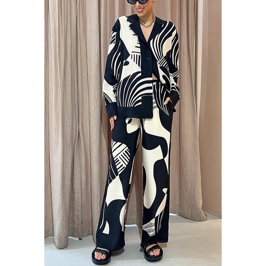 Autumn Winter New Turn-down Collar Casual Printed Long Sleeve Suit INS Loose Pocket Two-piece Set for Women