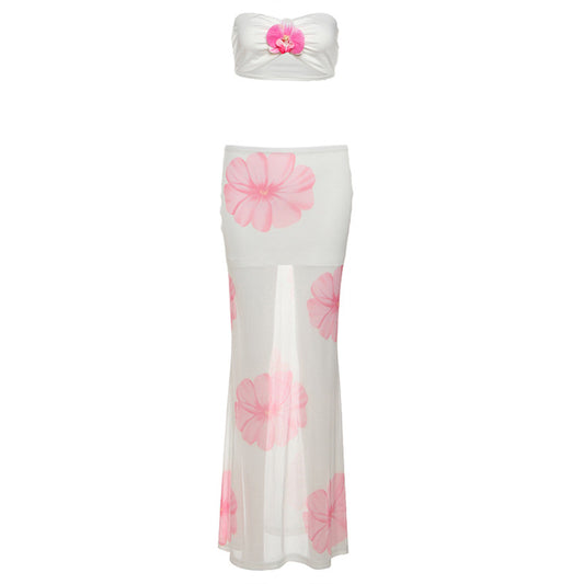 Sexy chest hugging high waisted mesh printed skirt set