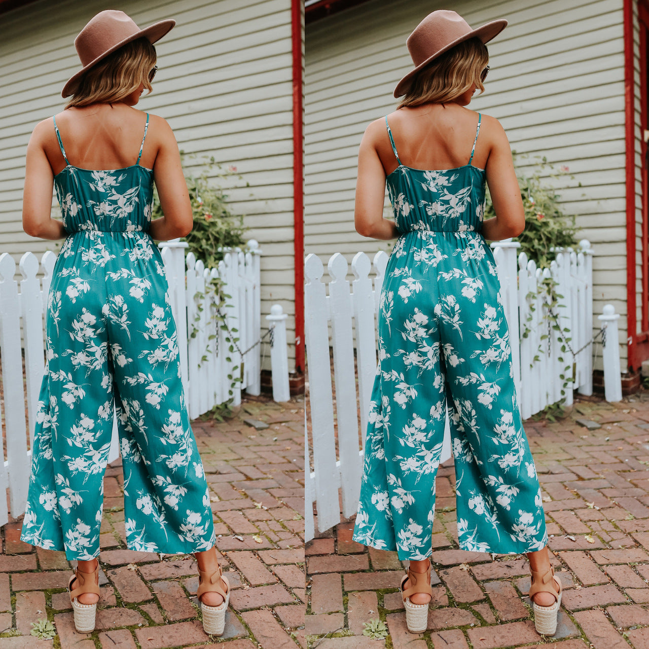 Sexy V-neck Strapless Shoulder-baring Floral Jumpsuit Multi-color Loose Backless Bodysuit