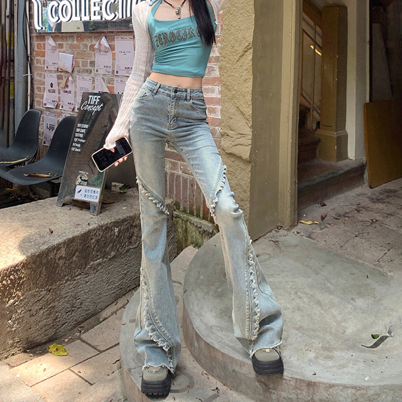 Design Sense High-Waist Frayed Hem Flare Jeans Women's Slim Fit Versatile Horsehoof Flare Denim Pants