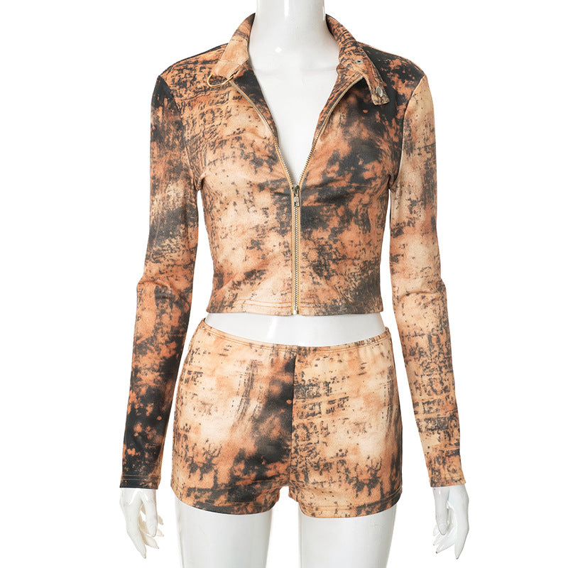 Tie dye distressed printed long sleeved zipper cardigan tight shorts two-piece set