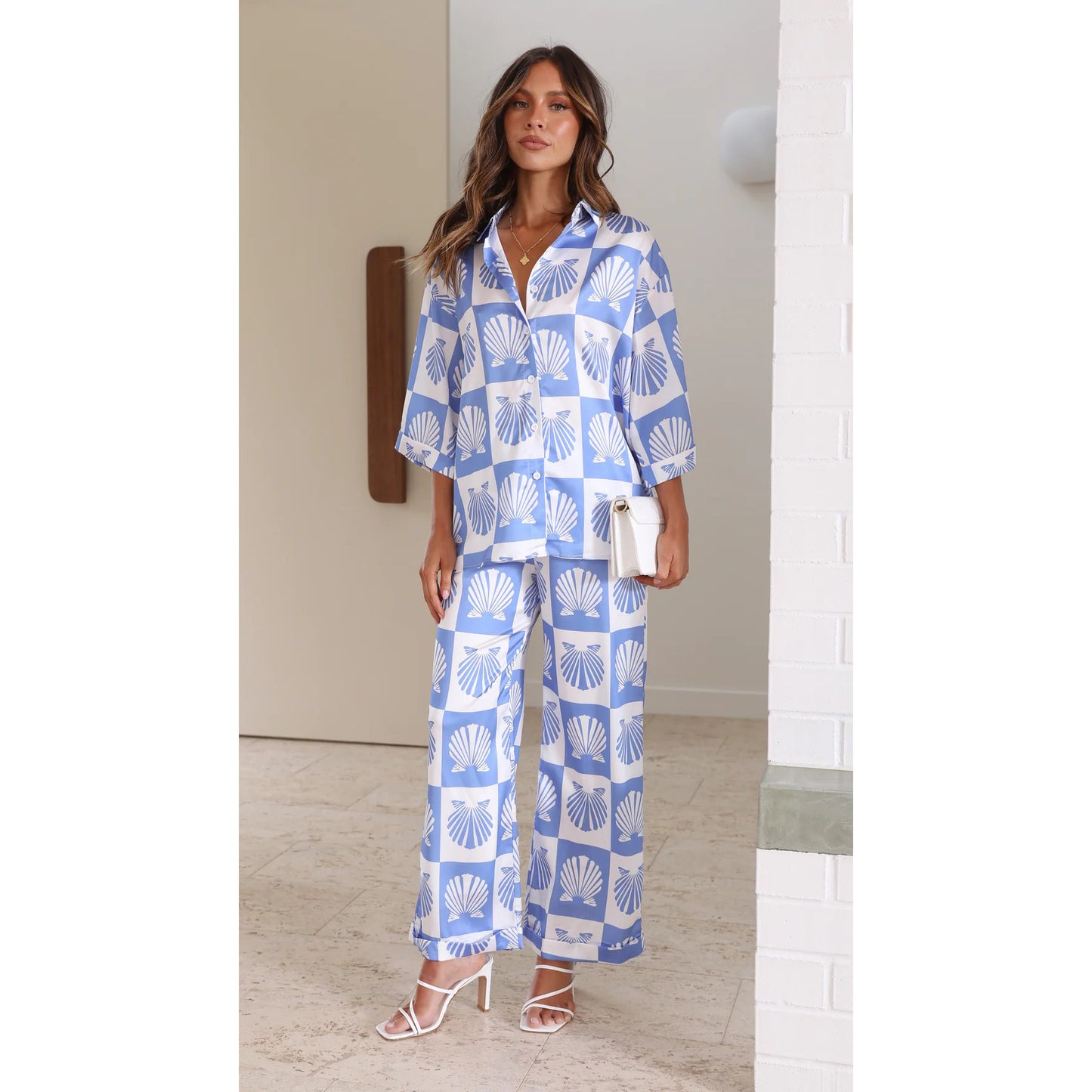 Casual Three-Quarter Sleeve Shirt Set for Women - Loose Satin Piece Suit
