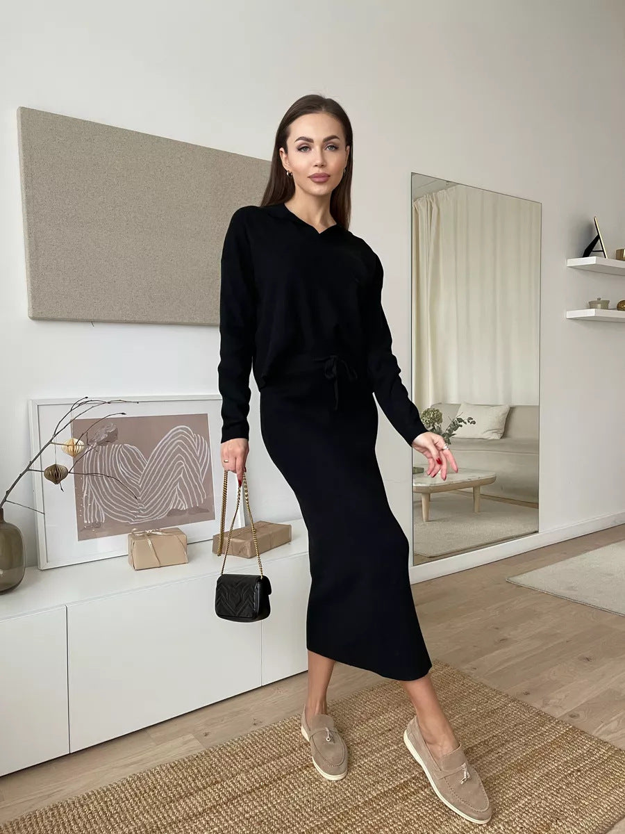 Style Knitted Suit Women's Core Spun Yarn Soft Slit Sweater with Belted Skirt