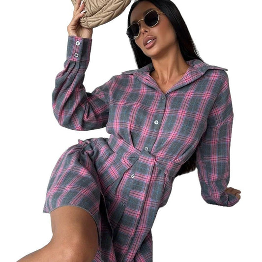 Casual Plaid Dress Set for Women - Notched Collar Loose Blouse with Belted Waist Skirt Two-Piece Set