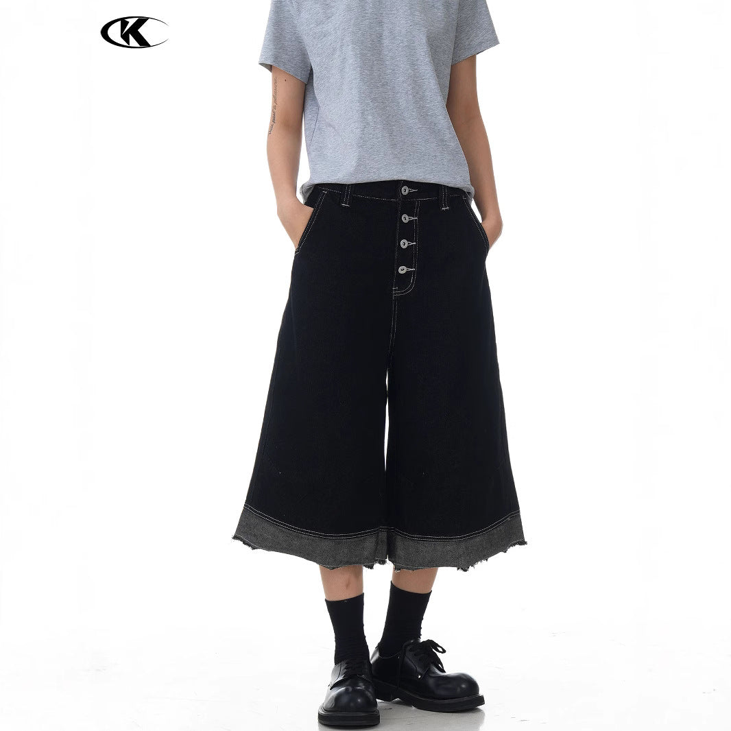 Black Loose Fit Three-Dimensional Button Frayed Hem Tassel Trendy Casual Shorts