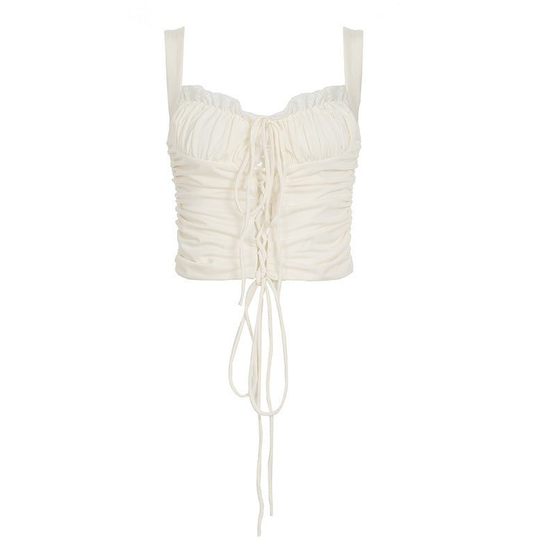 Lover's Memory  Style Pure Temptation Lace Bra Type Pleated Strap Back Top with Ruffle Double Layer Cake Skirt Set