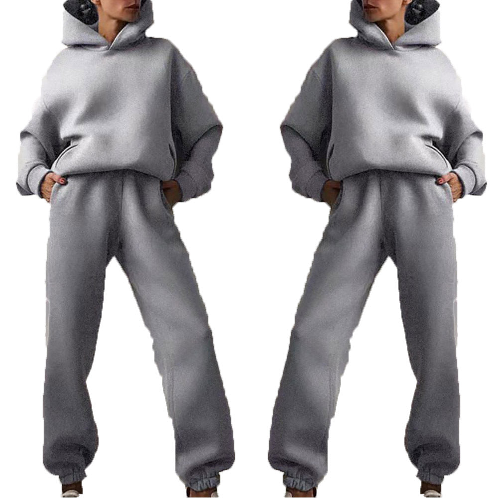Women's Spring Hooded Set Solid Color Casual  Sports Sweatshirt Set