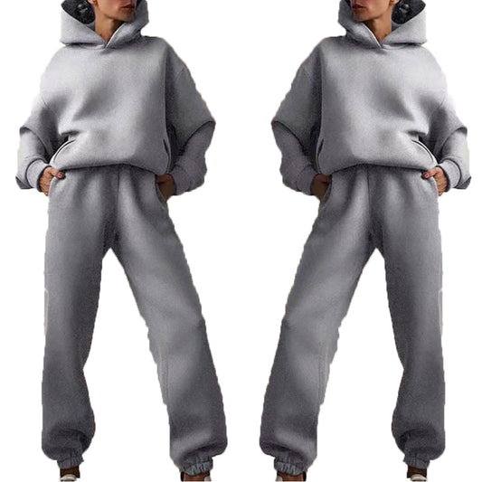 Women's Spring Hooded Set Solid Color Casual  Sports Sweatshirt Set